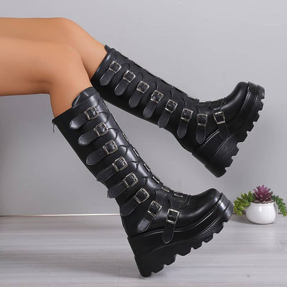 Women's Knee-High Platform Boots with Multiple Buckles - Statement Boots with Chunky Soles for Edgy City Style and Festivals