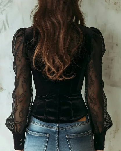 Women's Figure-Hugging Blouse with Lace Sleeves and Button Closure – Feminine and Elegant Top for Work, Evening Events, and Stylish Everyday Wear