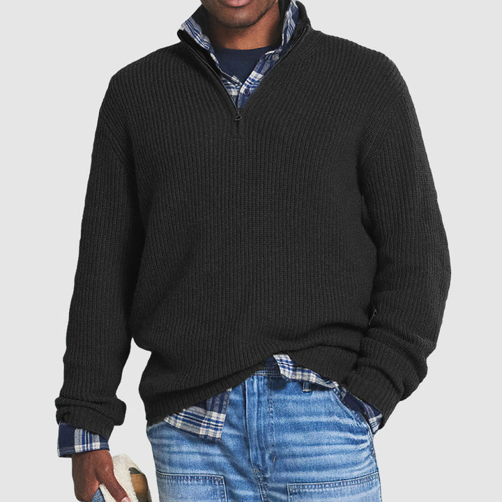 Herre Cashmere Sweater med Kvart Lynlås – Ribstrikket Strik med Almindelig Pasform til Efterår og Vinter