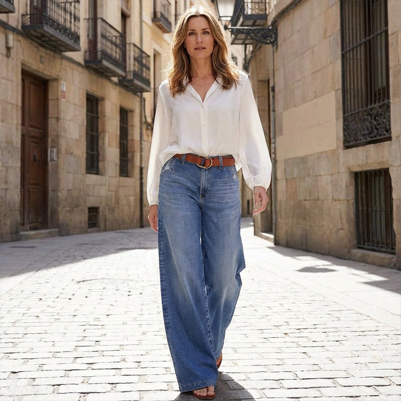 Dame Højtaljede Wide-Leg Denim Jeans Til Hverdagsbrug