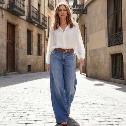 Dame Højtaljede Wide-Leg Denim Jeans Til Hverdagsbrug