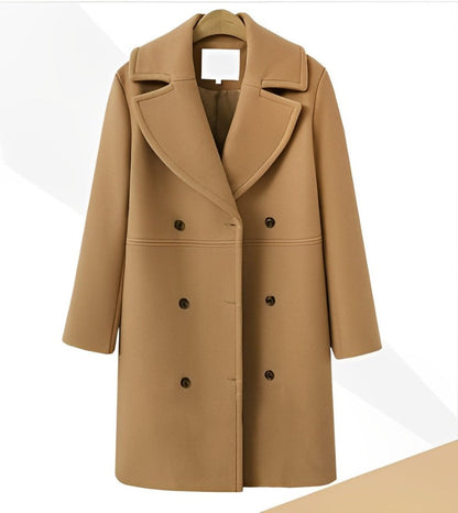 Dámský dlouhý dvouřadý vlněný kabát – teplý a elegantní zimní kabát na chladné dny, každodenní nošení a styl smart casual