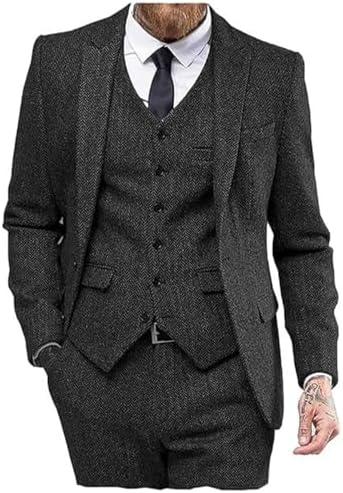 Pánský třídílný oblek z tvídu s rybí kostí - klasický a elegantní oblek na svatby a formální příležitosti