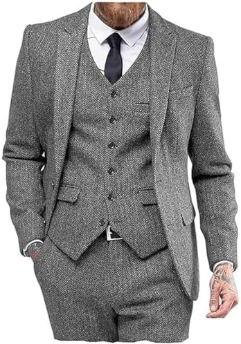 Pánský třídílný oblek z tvídu s rybí kostí - klasický a elegantní oblek na svatby a formální příležitosti