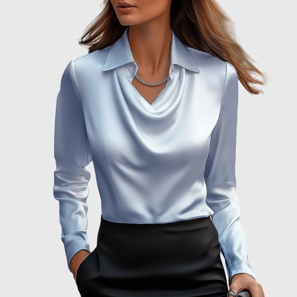 Women's Satin Blouse with a Cowl Neckline and Long Sleeves – Elegant Shirt Blouse for the Office, Evening Wear and Smart-Casual Style