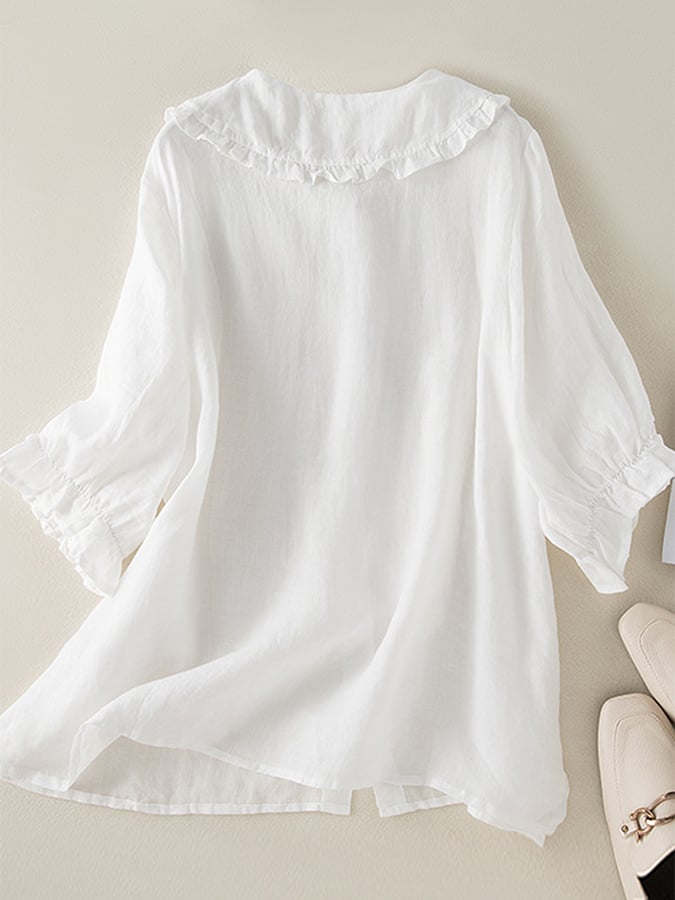 Women's Blouse with a Ruffled Collar – Casual Top with a Front Button Closure and Three-Quarter Sleeves