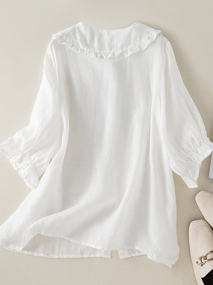 Women's Blouse with a Ruffled Collar – Casual Top with a Front Button Closure and Three-Quarter Sleeves