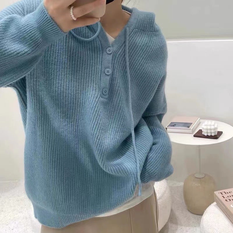 Dame Ribstrikket Sweater Med Hætte Og Knaplukning I Halsen – Afslappet Pullover Til Efterår, Vinter, Hverdagsbrug Og Fritid