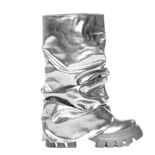Dame Metallic Midt-læghøje Støvler Med Slouch-design – Markante Støvler Med Chunky Sål Til Byliv, Festivaler Og Moderne Outfits