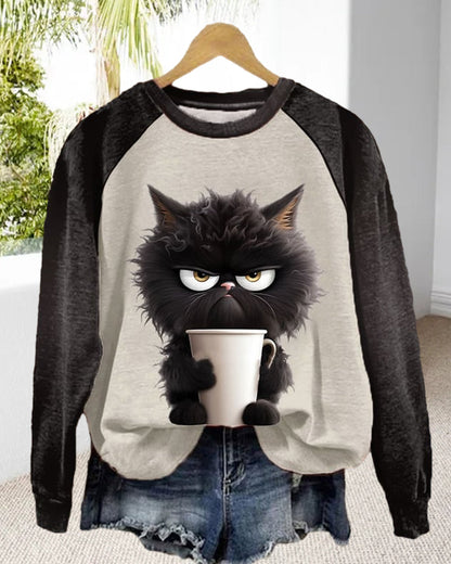 Dame Sweatshirt Med Grumpy Cat- Og Kaffeprint Samt Raglanærmer – Afslappet Pullover Til Efterår, Hverdagsbrug Og Casual Stil