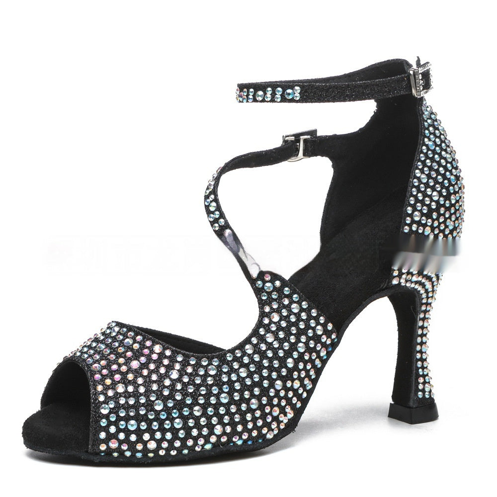 Women's Latin dance shoes with rhinestones and glittering cross straps - elegant ballroom sandals for salsa, dance performances, and evening events