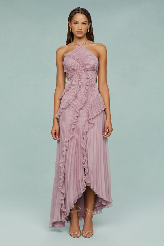 Women's Pleated Halter-Neck Midi Dress – Asymmetrical Evening Dress with Ruffles