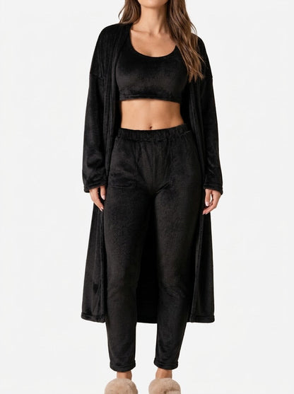 Conjunto de estar por casa de felpa de 3 piezas para mujer con camiseta de tirantes corta, cárdigan largo y pantalón con cintura elástica - conjunto suave y cómodo para casa, viajes y relajación