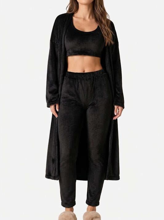 Set de 3 piese pentru femei, din pluș, pentru relaxare, cu maiou cropped, cardigan lung și pantaloni cu talie elastică – set moale și confortabil pentru acasă, călătorii și relaxare