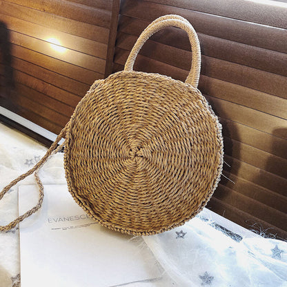 Dame Rund Flettet Stråhåndtaske Med Mønstret Design Og Rebhåndtag – Let Sommertaske Til Ferie, Strand, Shopping Og Fritid