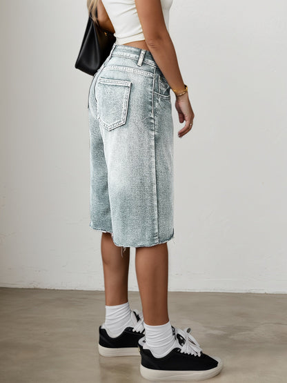 Dame Denimshorts Med Høj Talje Og Brede Ben – Afslappede Knælange Jorts Til Sommer, Ferie, Hverdagsbrug Og Casual Outfits
