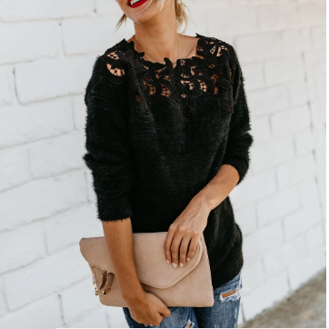Jersey ligero de punto para mujer con detalles de encaje y escote floral - Jersey elegante para el día a día, la oficina, el tiempo libre y un estilo casual elegante