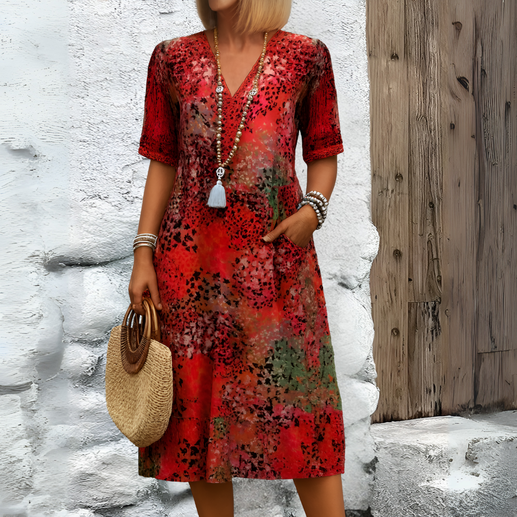 Women's Printed Midi Dress with V-Neck – Casual Dress for Everyday Wear, Holidays, Leisure, and Smart Casual Style