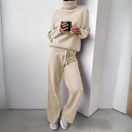 Women's Casual Turtleneck Knit Set With Soft Pullover And Drawstring Wide-Leg Pants - Warm 2-Piece Set For Fall, Winter And Everyday Wear