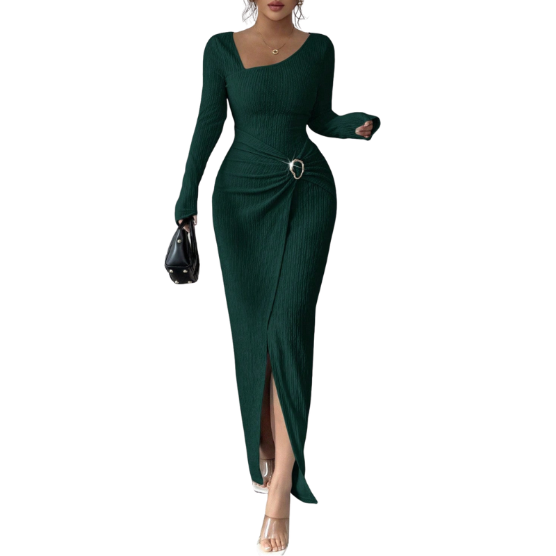 Maxivestido ajustado para mujer con fruncidos, escote cuadrado y abertura - Elegante vestido de manga larga para fiestas y eventos nocturnos
