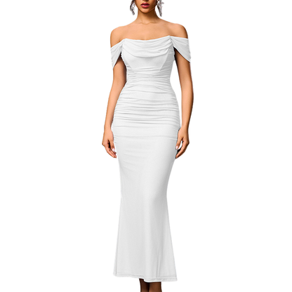 Women's Off-the-Shoulder Maxi Dress with Gathered Details - Fitted, Elegant Dress for Parties, Formal Events, and Romantic Evenings