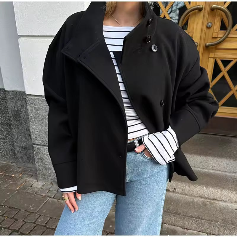 Women's Casual Cropped Jacket – Asymmetrical High-Neck Layer for Smart-Casual Wear