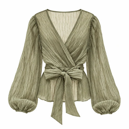 Women's wrap blouse with V-neck and pleated long sleeves - elegant top with a front tie for stylish everyday wear and smart-casual outfits
