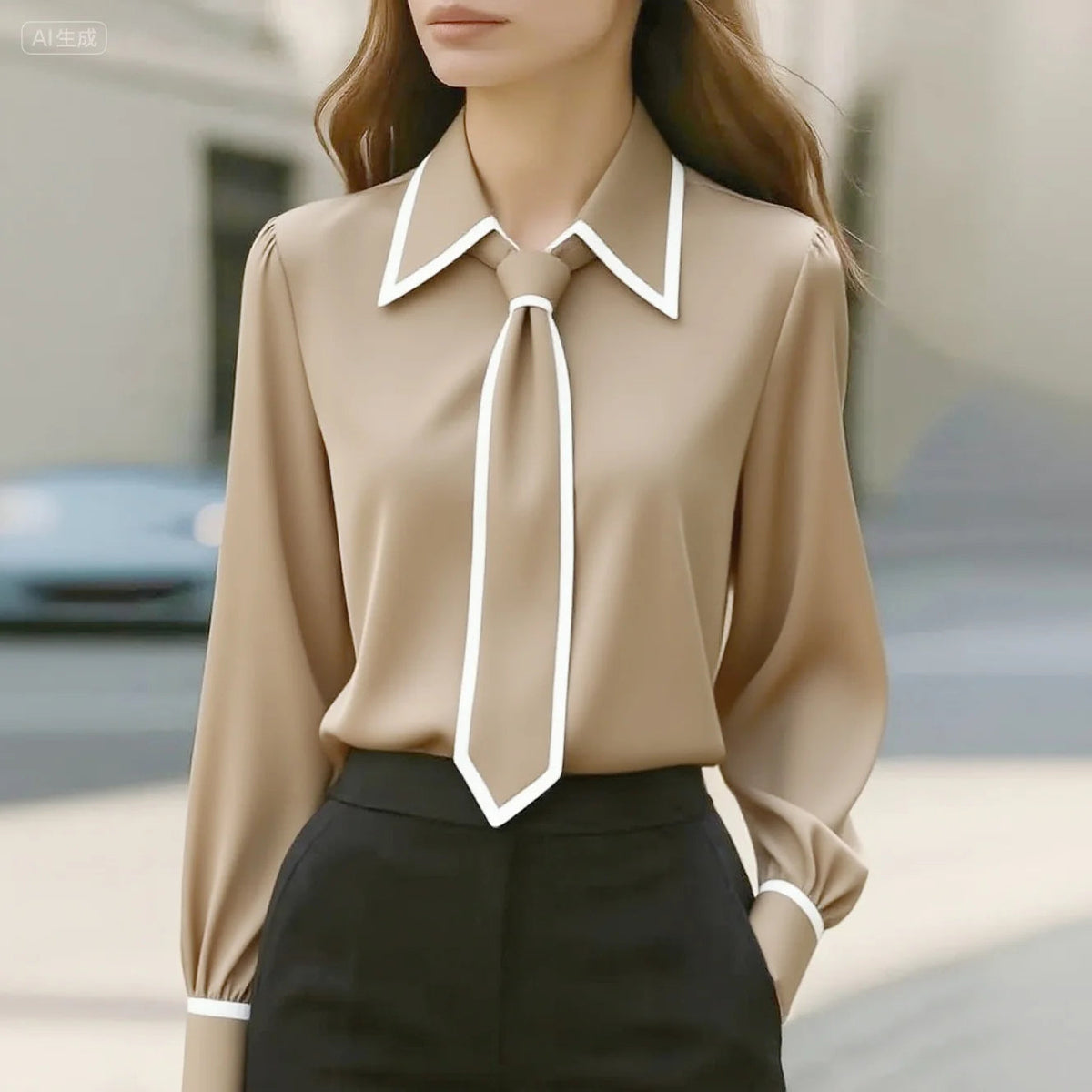 Dame Bluse Med Kontrastkant Og Bindebånd I Halsen – Elegant Langærmet Bluse Til Kontor, Hverdagsbrug Og Smart Casual Stil
