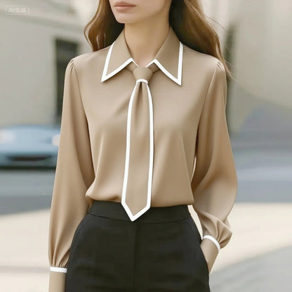 Dame Bluse Med Kontrastkant Og Bindebånd I Halsen – Elegant Langærmet Bluse Til Kontor, Hverdagsbrug Og Smart Casual Stil