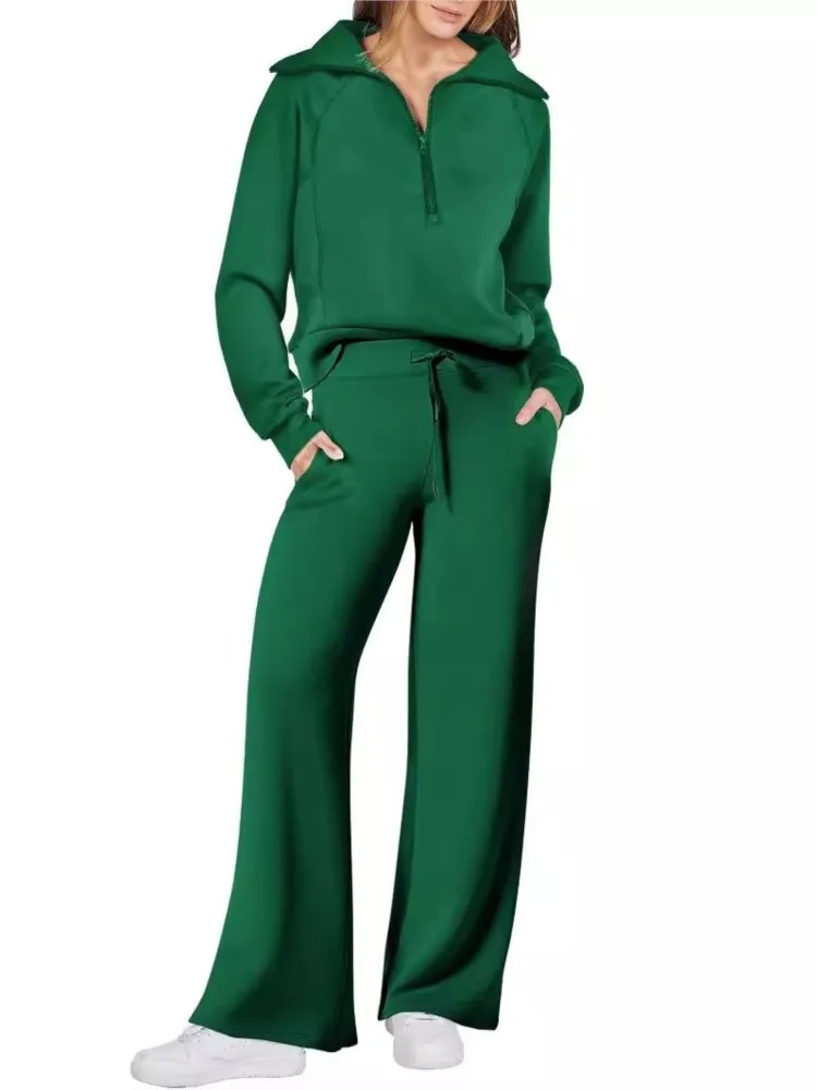 Damski zestaw wypoczynkowy half-zip z kołnierzykiem i pulowerem oraz spodniami z szerokimi nogawkami i sznurkiem – swobodny 2-częściowy zestaw na co dzień, czas wolny i relaks