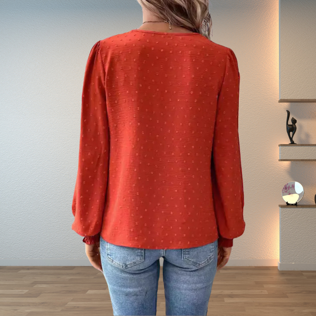 Women's Blouse with Lace Trim and V-Neck – Textured Long-Sleeve Top for Elegant Everyday Wear