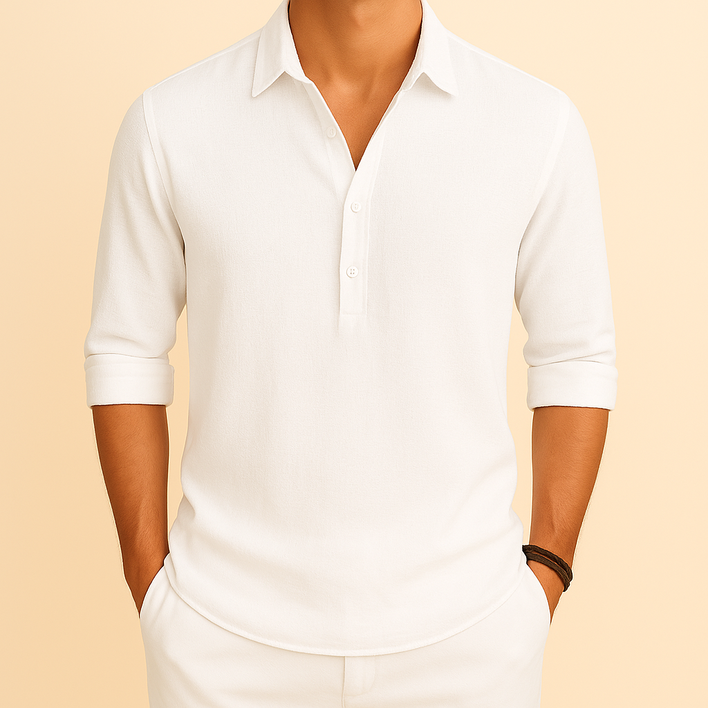 Herre Tekstureret Langærmet Poloshirt – Afslappet Smart Casual Top til Forår og Rejser