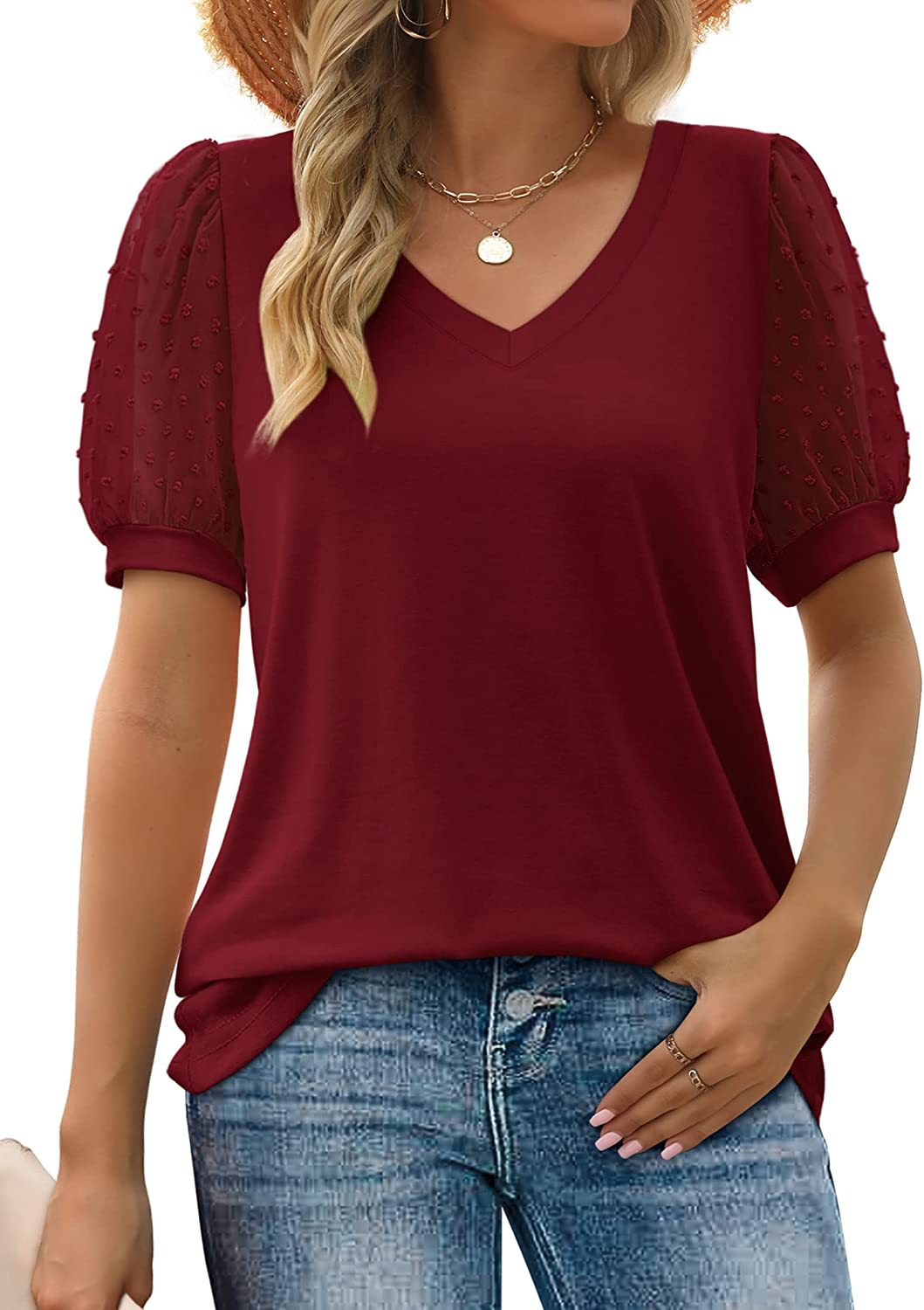 Dame V-Hals Top – Transparent Bluse Med Pufærmer Til Sommer