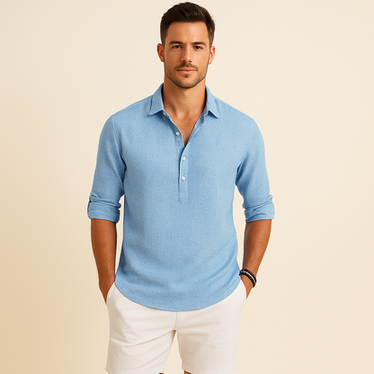 Herre Tekstureret Langærmet Poloshirt – Afslappet Smart Casual Top til Forår og Rejser