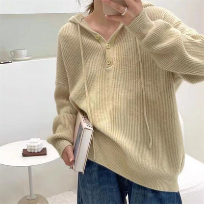 Dame Ribstrikket Sweater Med Hætte Og Knaplukning I Halsen – Afslappet Pullover Til Efterår, Vinter, Hverdagsbrug Og Fritid