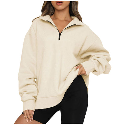 Dame Oversized Half-zip Sweatshirt Med Krave Og Lange Ærmer – Afslappet Pullover Til Hverdagsbrug, Fritid Og Lag-på-lag Styling