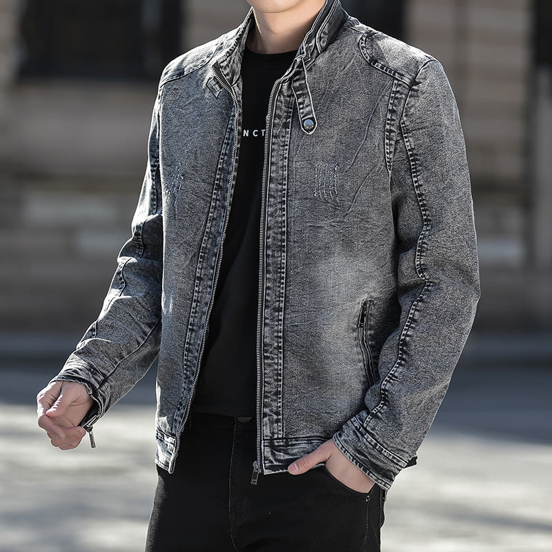 Chaqueta vaquera para hombre con cuello mao, cremallera y efecto desgastado - Chaqueta casual con bolsillos con cremallera para otoño, uso diario y ocio