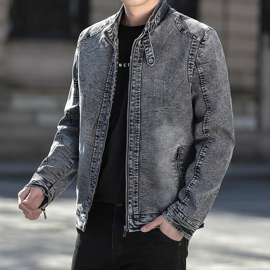 Jachetă din denim pentru bărbați, cu guler tip tunică, fermoar și aspect prespălat – jachetă casual cu buzunare cu fermoar pentru toamnă, purtare zilnică și timp liber