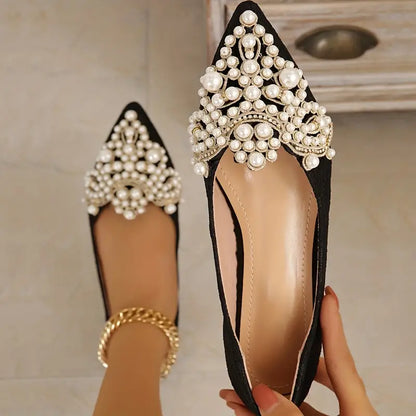 Zapatos planos de novia para mujer con perlas y punta afilada – Elegantes zapatos de boda con detalles decorativos de perlas para bodas y ocasiones festivas