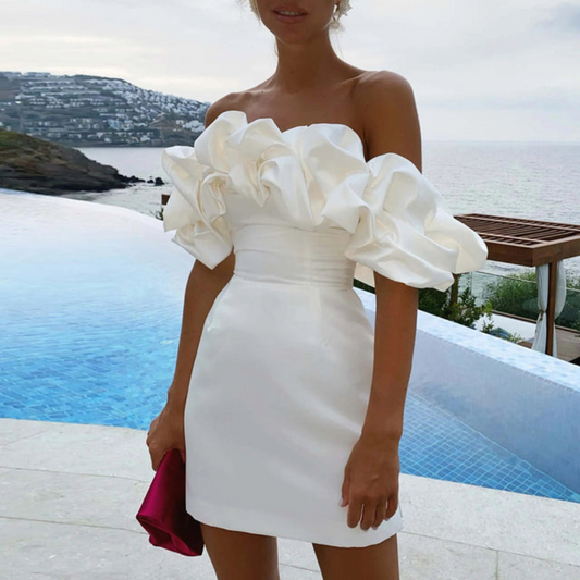 Women's off-the-shoulder ruffle mini dress – Statement dress for wedding guests, receptions, and parties