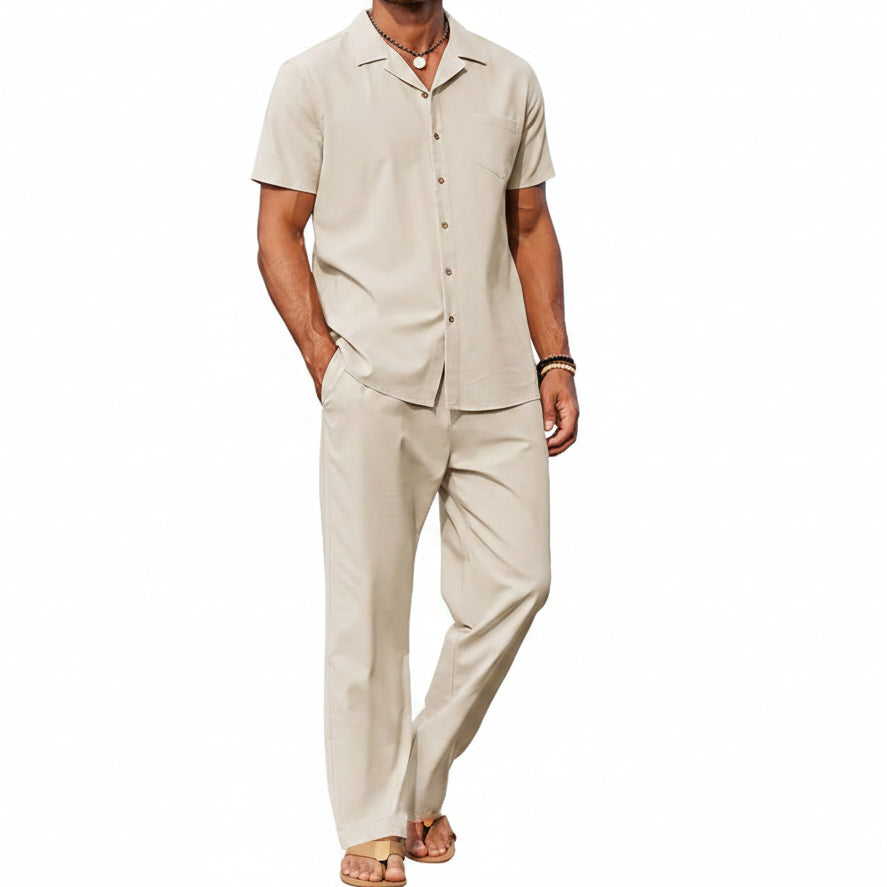 Men's Linen Summer Set with Short-Sleeve Shirt and Trousers - Lightweight, Casual Outfit for Warm Days and Summer Vacations
