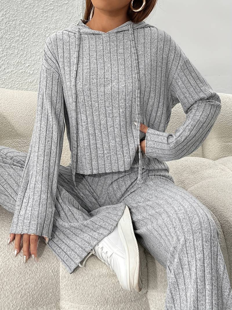 Women's rib-knit 2-piece set with hood and relaxed long-sleeve top - matching pants for everyday wear, leisure, and casual style