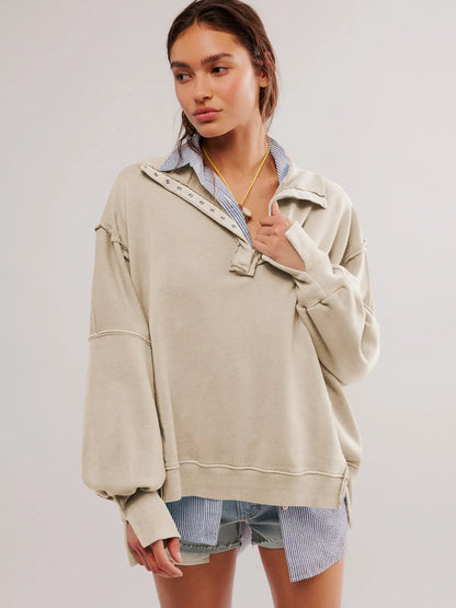 Dámská oversized mikina ve stylu Henley s viditelnými švy a balónovými rukávy – ležérní pulovr pro každodenní nošení, volný čas a ležérní styl