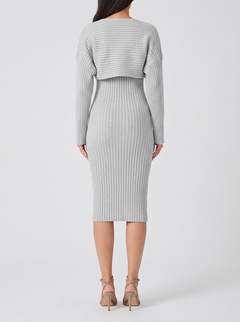 Conjunto de falda midi de 2 piezas de punto acanalado para mujer con top corto de manga larga y falda entallada - elegante conjunto para el trabajo, la ciudad y un estilo smart casual