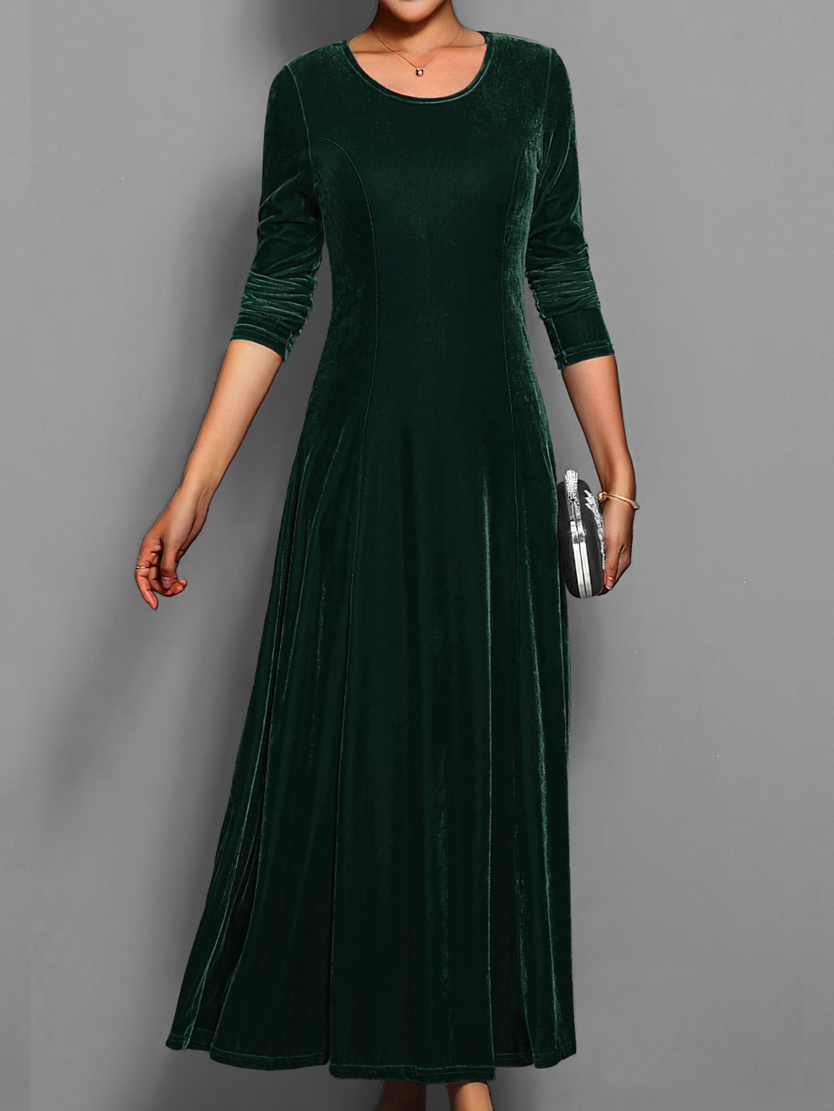Dámské sametové maxi šaty s dlouhými rukávy a střihem fit-and-flare – elegantní šaty na večírek, svatbu a formální příležitosti