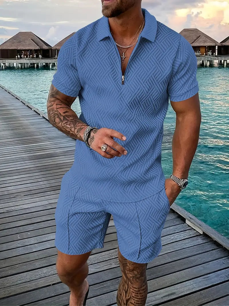 Herre Tekstureret Poloshirt- og Shortssæt – Elegant Sommersæt til Ferie og Afslappet Brug