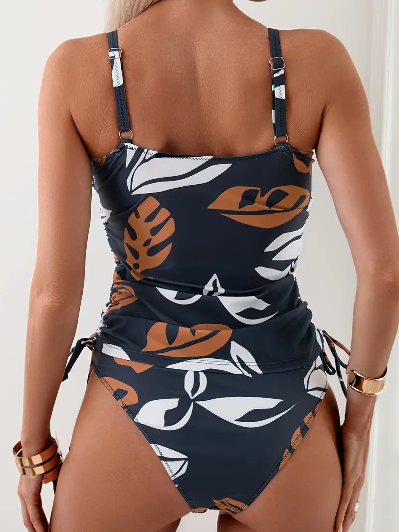 Set tankini pentru femei, cu imprimeu, detalii încrețite și șnururi laterale – costum de baie din 2 piese pentru plajă, piscină, vacanță și zile de vară