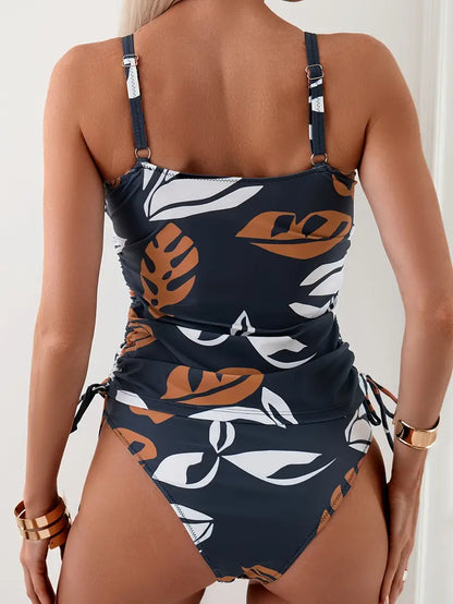 Set tankini pentru femei, cu imprimeu, detalii încrețite și șnururi laterale – costum de baie din 2 piese pentru plajă, piscină, vacanță și zile de vară