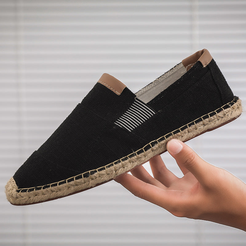 Pánské lehké plátěné espadrilky typu loafer s elastickými vsadkami – nazouvací letní boty s pletenou provazovou podrážkou na dovolenou, každý den i volný čas
