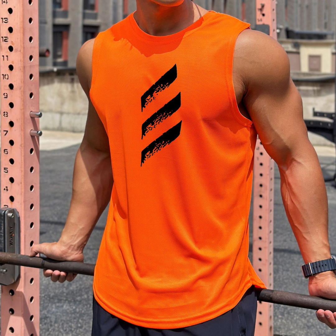 Top deportivo ligero sin mangas para hombre con cuello redondo y detalle gráfico frontal - Top deportivo de entrenamiento para fitness, correr, hacer deporte y disfrutar del tiempo libre